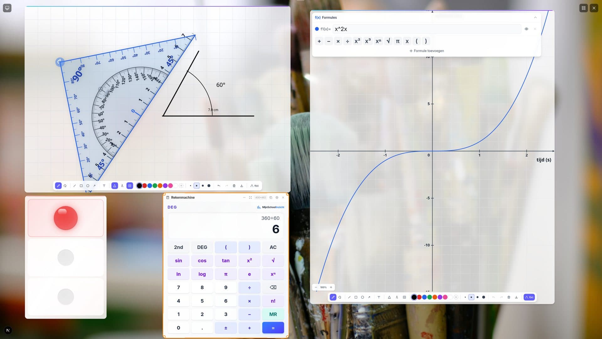 Lesboard voorbeeld: wiskunde les met geodriehoek, grafiek van x^2x, wetenschappelijke rekenmachine en canvas tekenhulpmiddelen